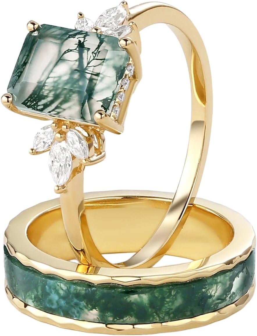 S925 Natural Moss Agate Wedding Rings for Couple, 10K/14K/18K Gold Couple Rings Set for Men and Women, Customized Green 2Pcs Promise Bands for Him and Her Engagement Valentine's Day Free Engraving