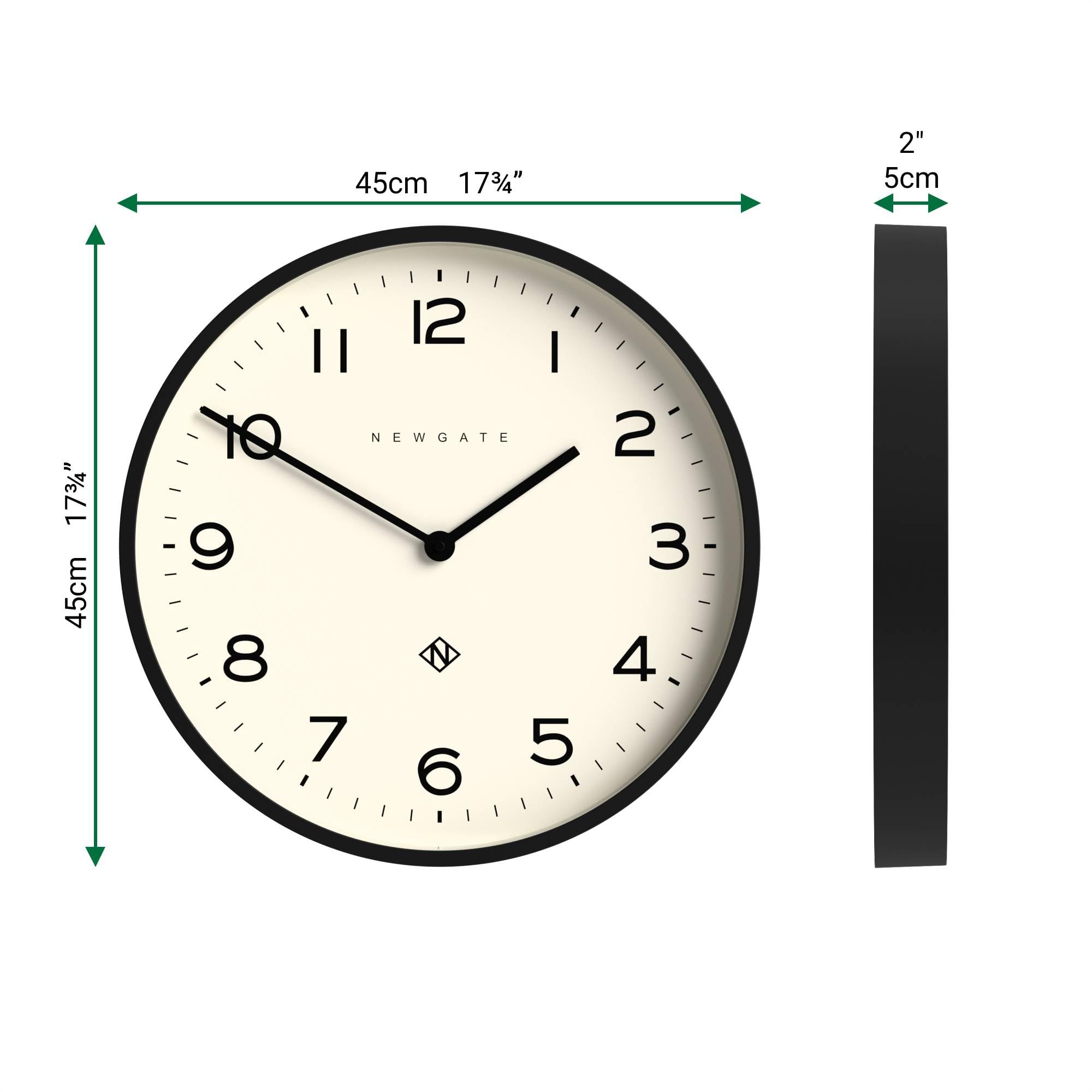 NEWGATE® Number Two Echo Reloj de Pared | Gran Reloj Redondo Moderno | 45cm | Negro | Números fáciles de Leer | Ideal para Cocina, salón u Oficina