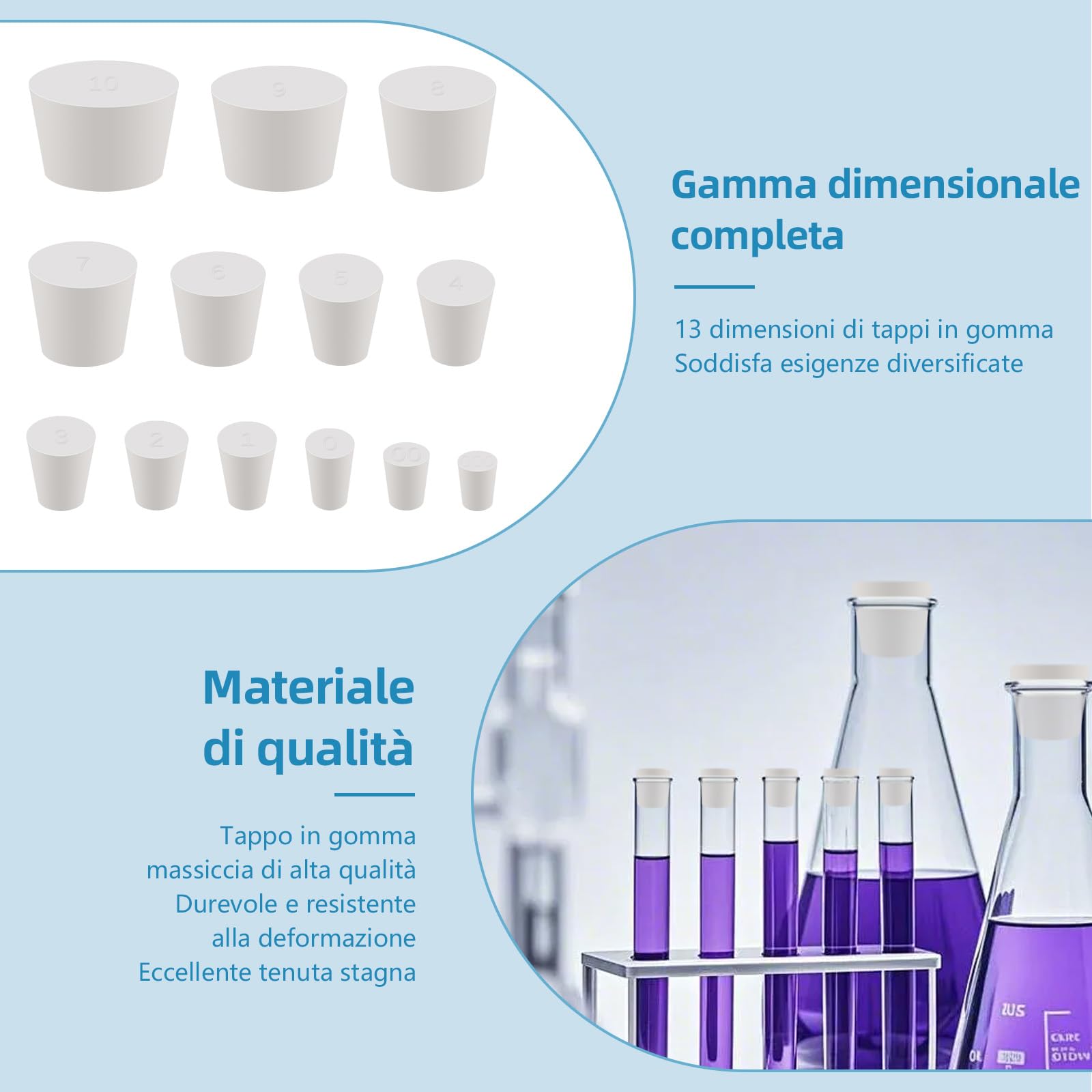Tappo in Gomma Conico Bianco - Set da 32 Tappi per Laboratorio in 13 Misure, Tenuta Stagna per Palloni, Provette e Tubazioni, Riusabile come Tappo di Scarico