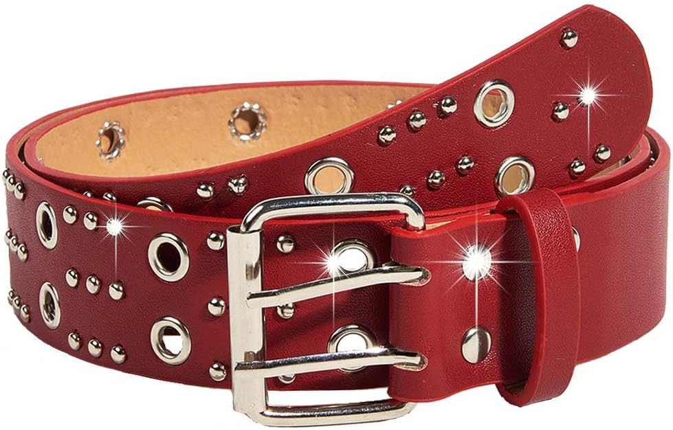 Grommet Leather Belts PU Leather Black Belt for Women Double Holes Belt for Men