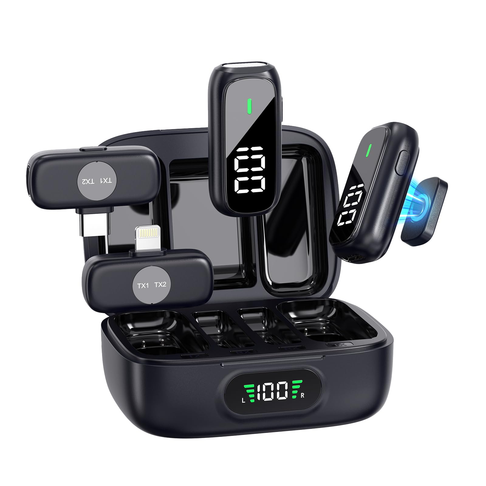 Funkmikrofon für iPhone & Android, USB-C & Lightning, 2 Mikrofone, Digitale Akkuanzeige an Mikrofonen & Ladecase, KI-Geräuschunterdrückung für TikTok, YouTube, Podcast