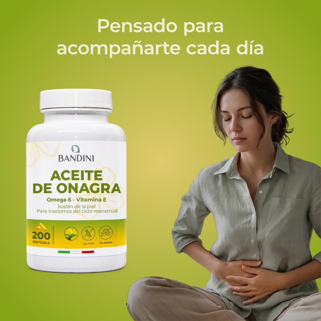 Bandini® Aceite de Onagra 2000 mg - Síntomas menstruales, mantenimiento de piel y huesos - 200 cápsulas blandas - 10% GLA, prensado en frío, con vitamina E - Antioxidante y para la menopausia