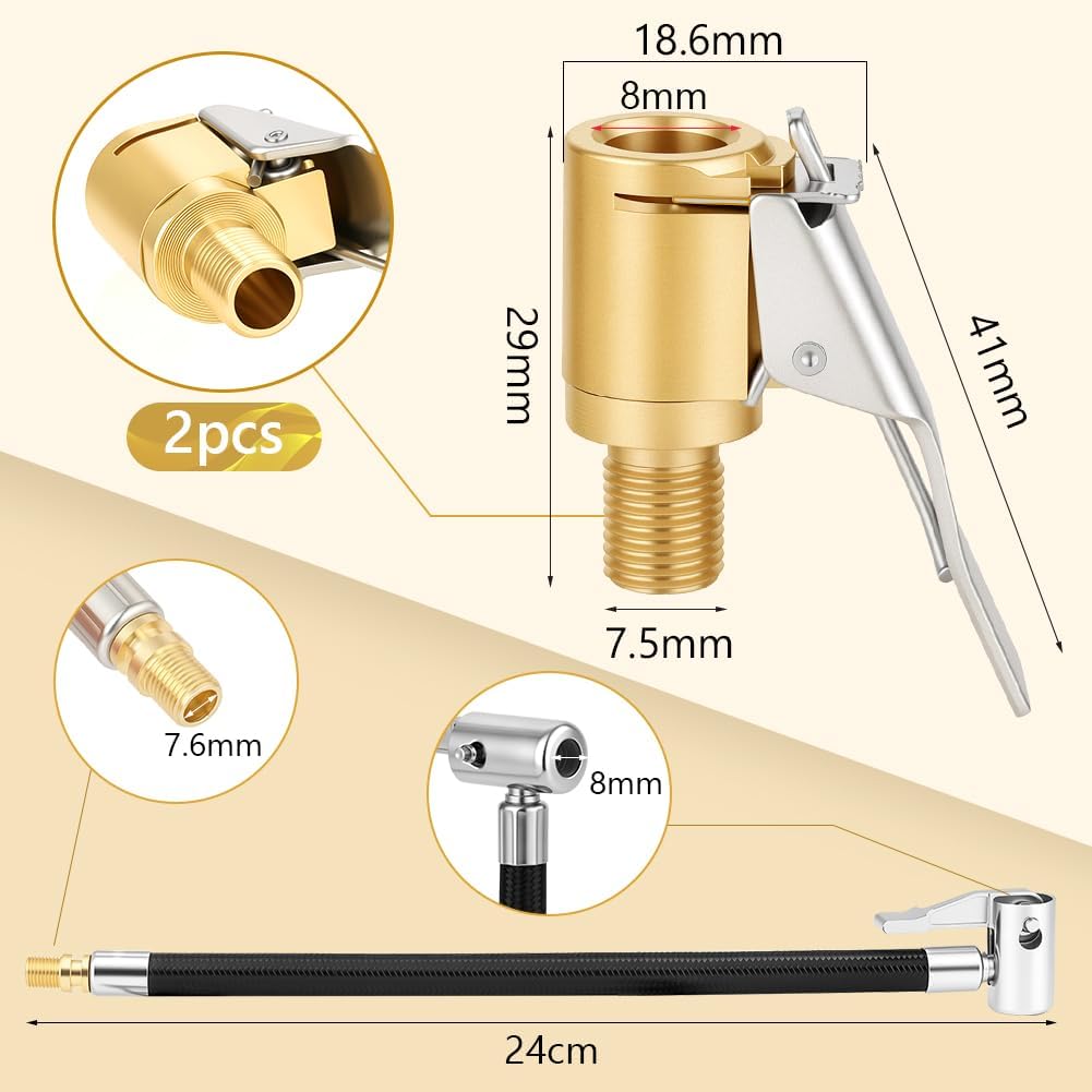 URAQT Tyre Inflator Adaptor Set, 3 PCS Brass Tyre Valve Air Pump Clip with 235mm Extension Pipe, Bike Pump Adapter Set for Cars, Bicycles, Sports Balls and Inflatables image 2