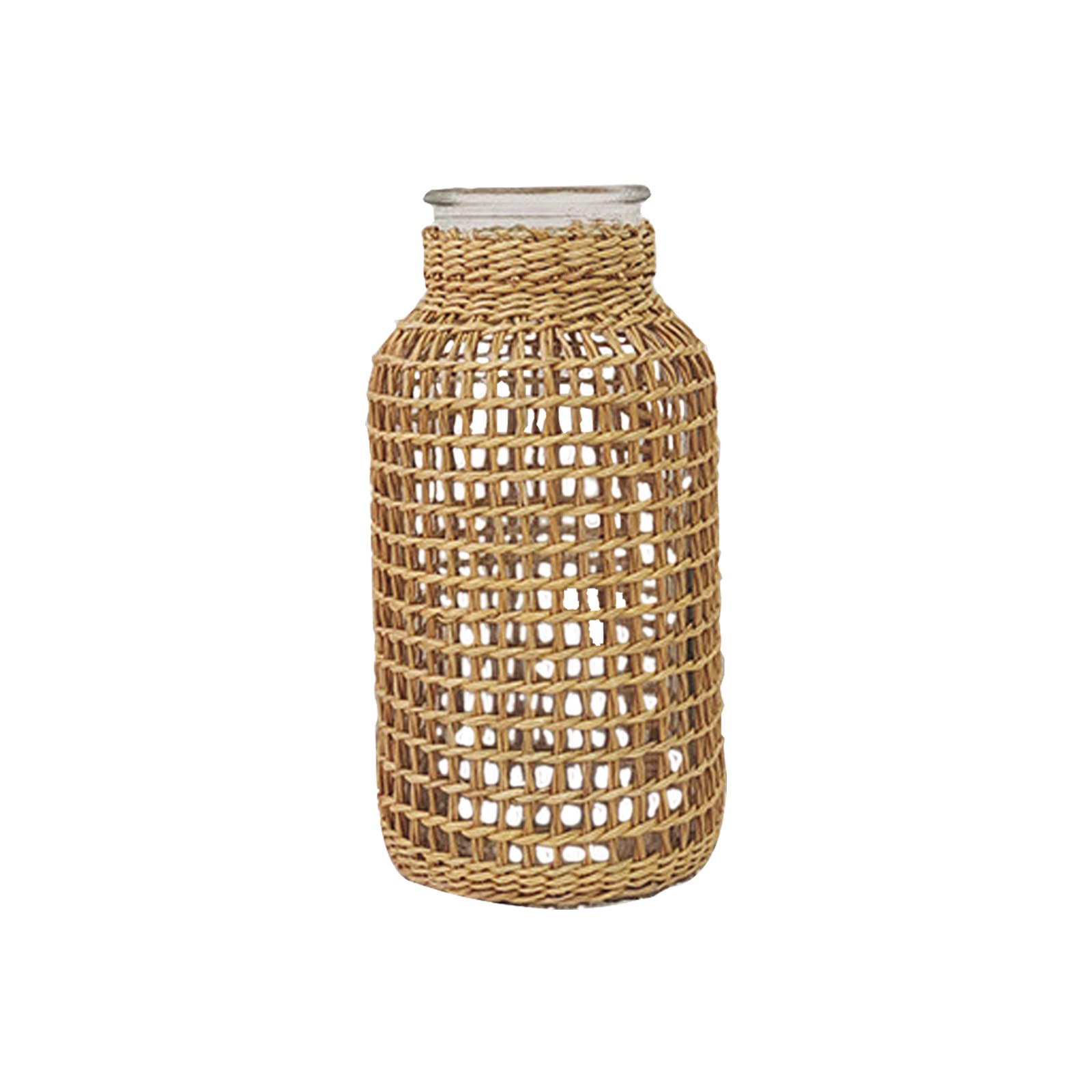 Infilm Khaki Glass Flower Vase With Rattan Cover,Seagrass Woven Vase Table Centerpiece Decor,Rattan Woven Vase Rustic Country Style Flower Basket Glass Pot