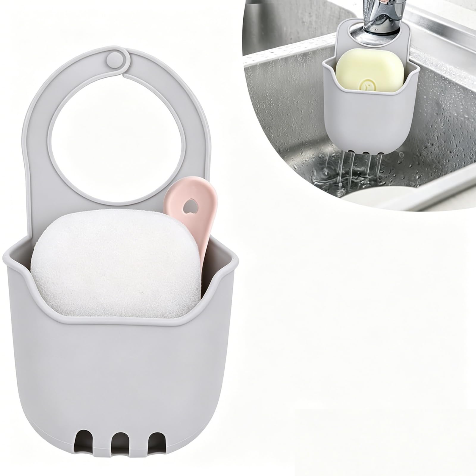 Minicoco Kitchen Sink Sponge Holder, Hanging Drain Basket Caddy with Snap Design, Portable Kitchen Sink Organizer Storage Accessory