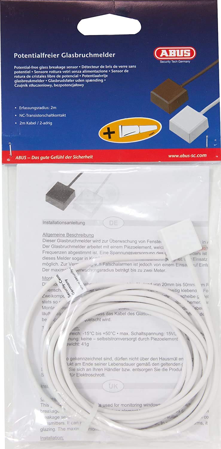 ABUS Potentialfreier Glasbruchmelder FU7301W mit UHU Kleber weiß Kabellänge 2m 2-adrig
