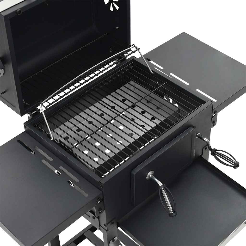 Forno per pizza per esterni 3 in 1, nero, con termostato, funzione affumicatura, piastra rimovibile, tavoli pieghevoli, ruote, per balcone, terrazza, campeggio
