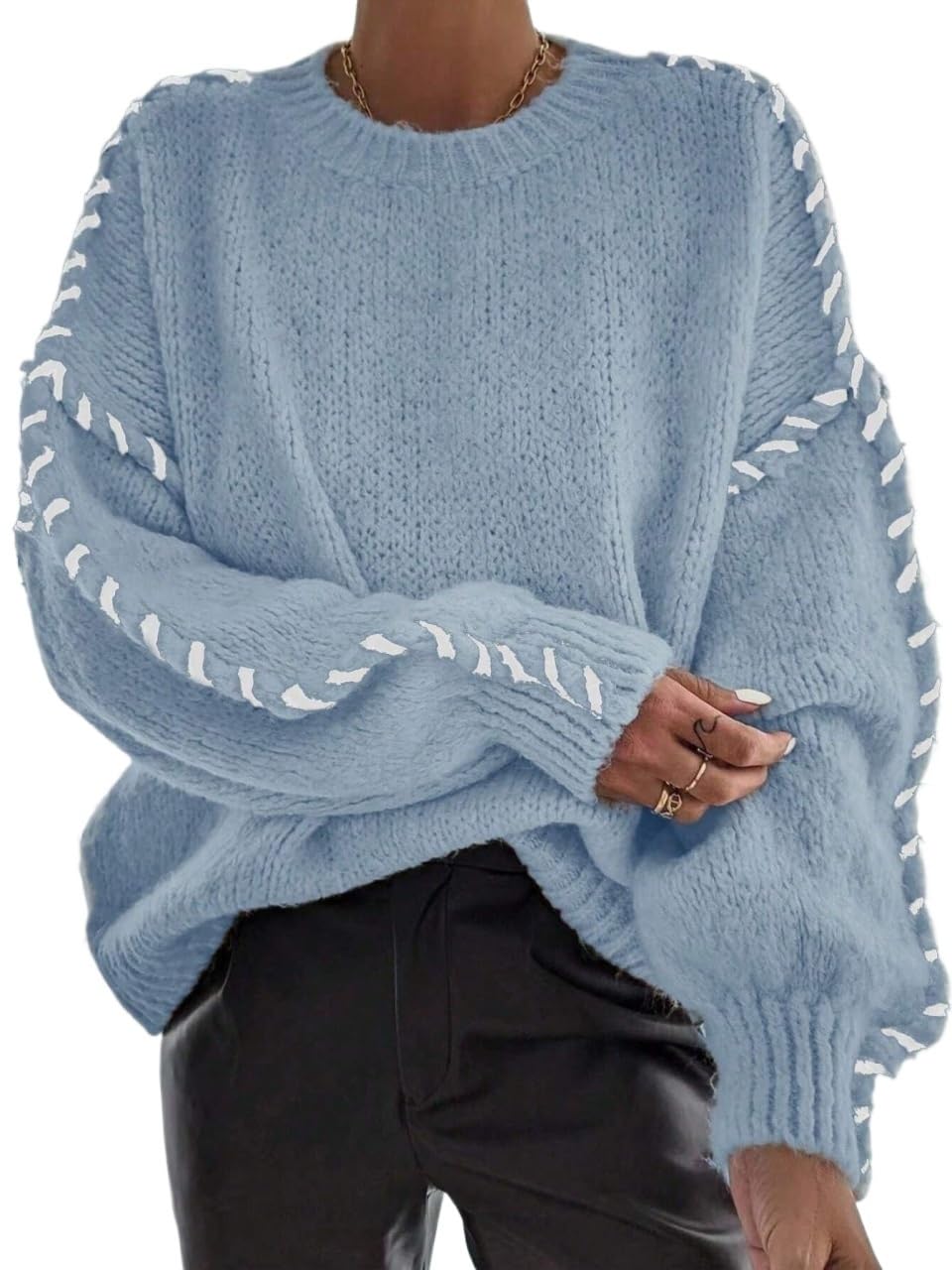 Womens Pullover Sweater Shoulder Hand-Stitched Crew Neck Pullover Sweater