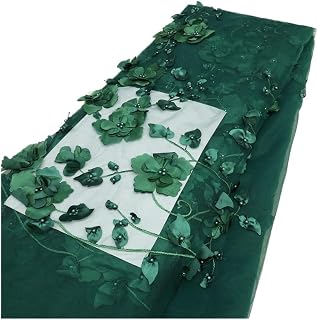 5 Yards 3D Appliqué Fabric Pearl Beaded Mesh for Wedding Veil Evening Dress DIY Decoration(Green)