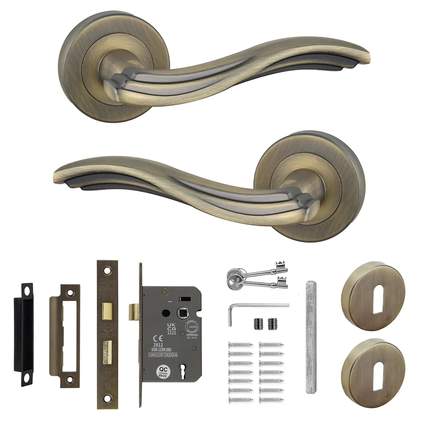 Decoranddecor Antique Brass Door Handles - Aluminium Door Handle Sets with Internal Sash Lock and Keys - Solace Range