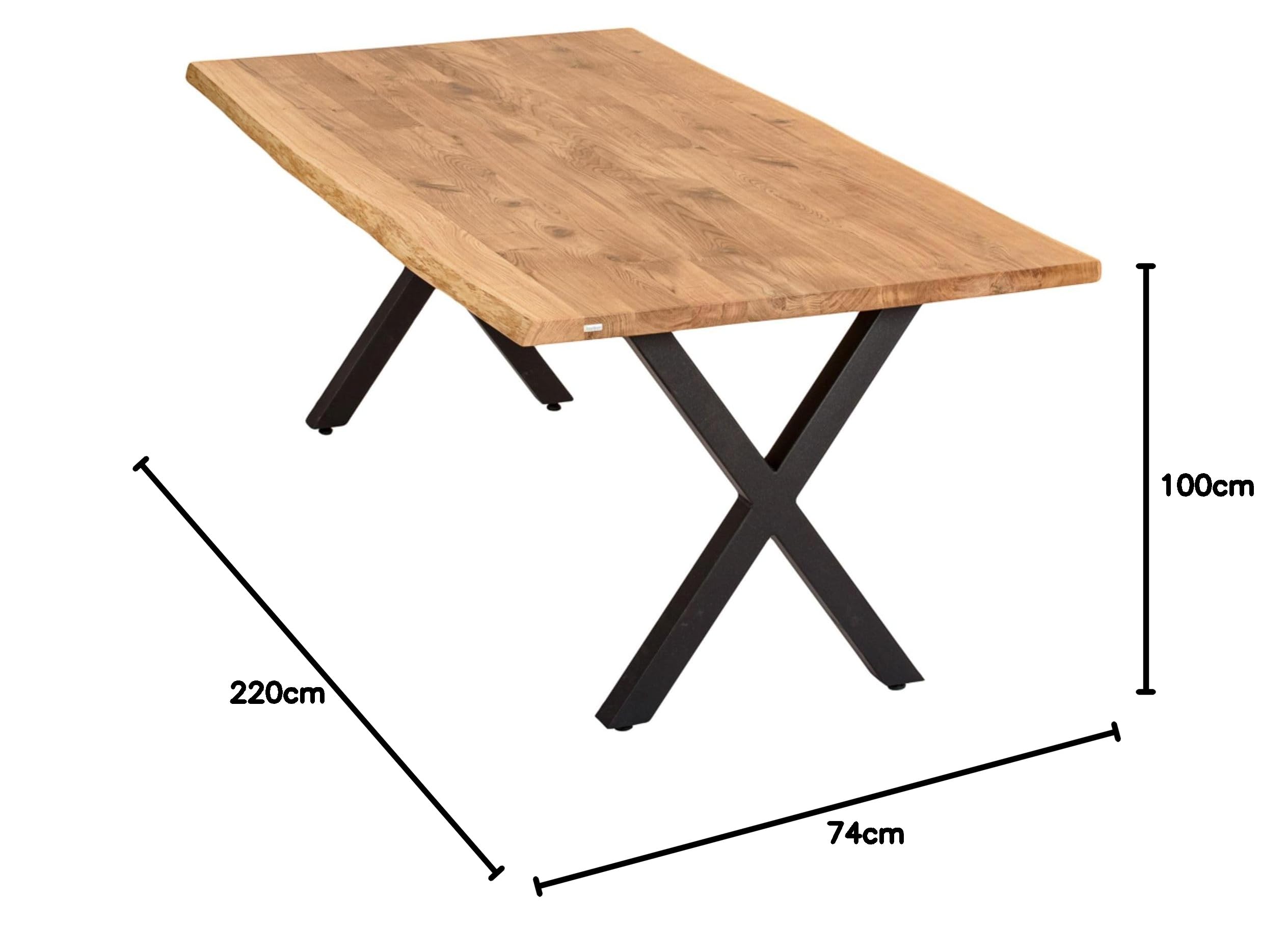 Massivholztisch Eiche 220x100 cm mit Baumkante – Esszimmertisch mit 4 cm Tischplatte & X-Gestell aus Metall – moderner Esstisch, handgefertigt, Natürlich geölt