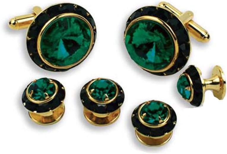 Crystal Cufflinks and Studs with Emerald Center and Black Trim
