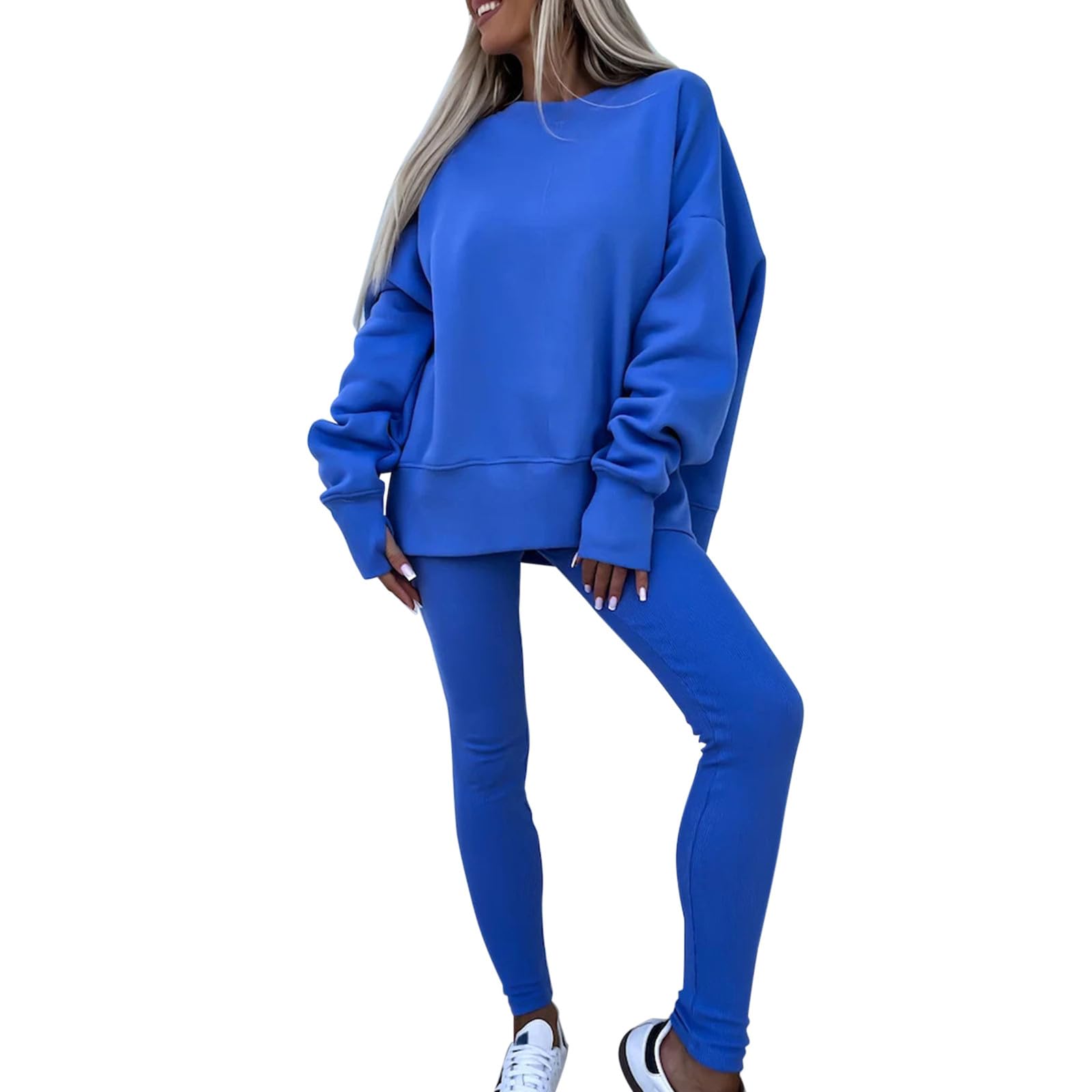 Ensemble de 2 pièces pour femme confortable S-XL Survêtement de jogging | Survêtement thermique d'hiver pour femme - Col rond - Avec fente latérale - Couleur unie - Doux