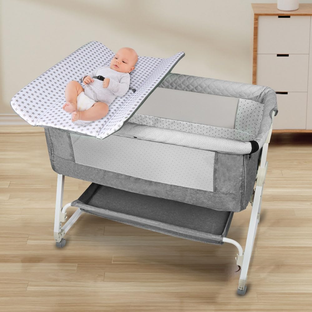 Supfine Berceau Cododo 4 en 1 Lit Bébé Multifonction avec Table à Langer et Rangement, 6 Niveaux de Hauteur, Lin Gris 95x50x98-110 cm