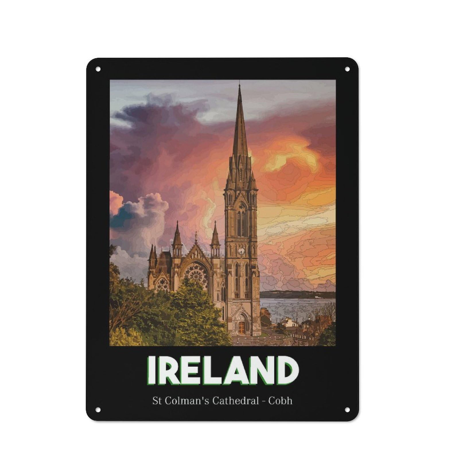 Metal Plaque with Cobh Cathedral Design 40x30cm, Rustic Cafe Wall Decor for Restaurant, Kitchen, Counter Or Breakfast Nook