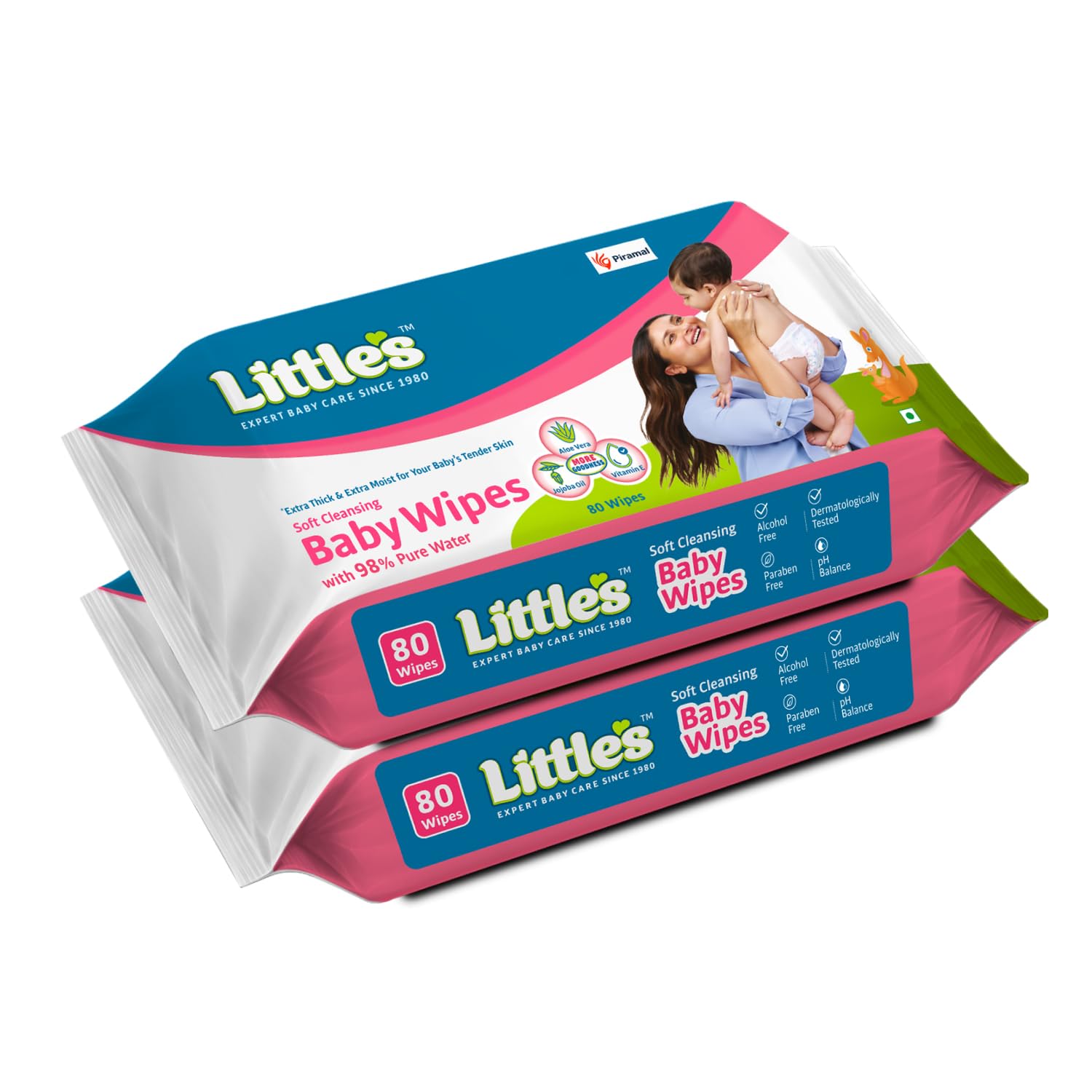 Little's Soft Cleansing Baby Wipes | 80 Wipes x 2 - 160 Wipes | Extra Thick & Moist Wet Wipes for Baby's | Prevents Rashes & Redness with Goodness of Aloe Vera, Vitamin E & Jojoba Oil