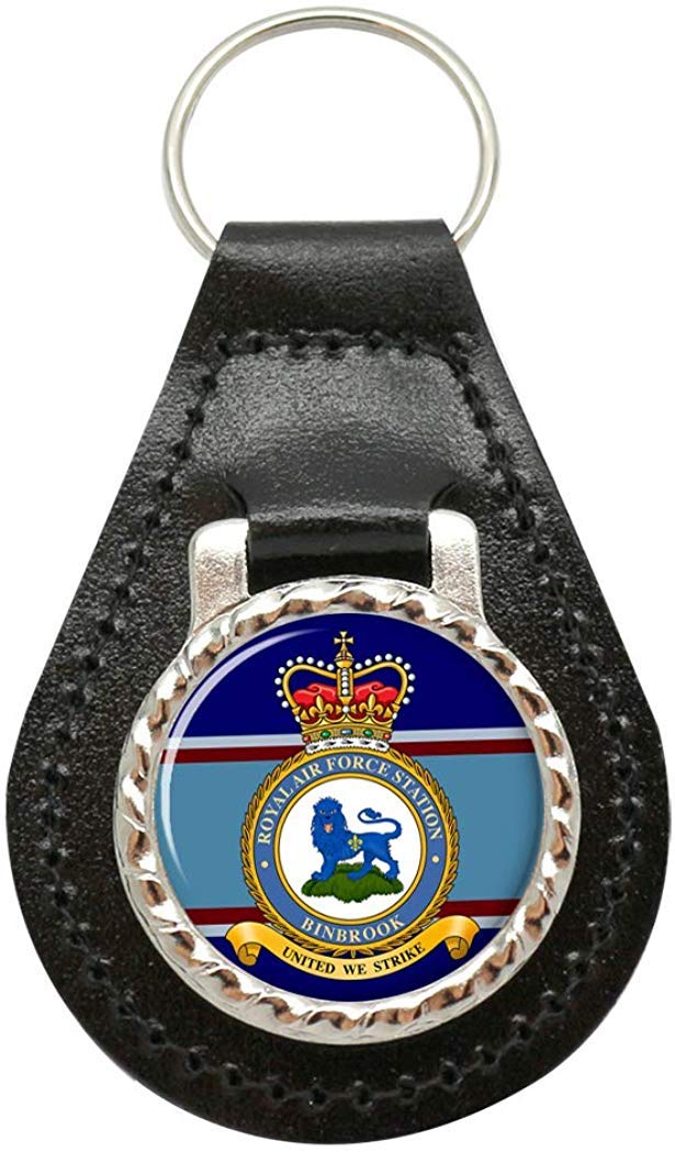 Giftshop Uk Unisex Black Leather And Silver Metal Raf Station Binbrook Leather Key Fob