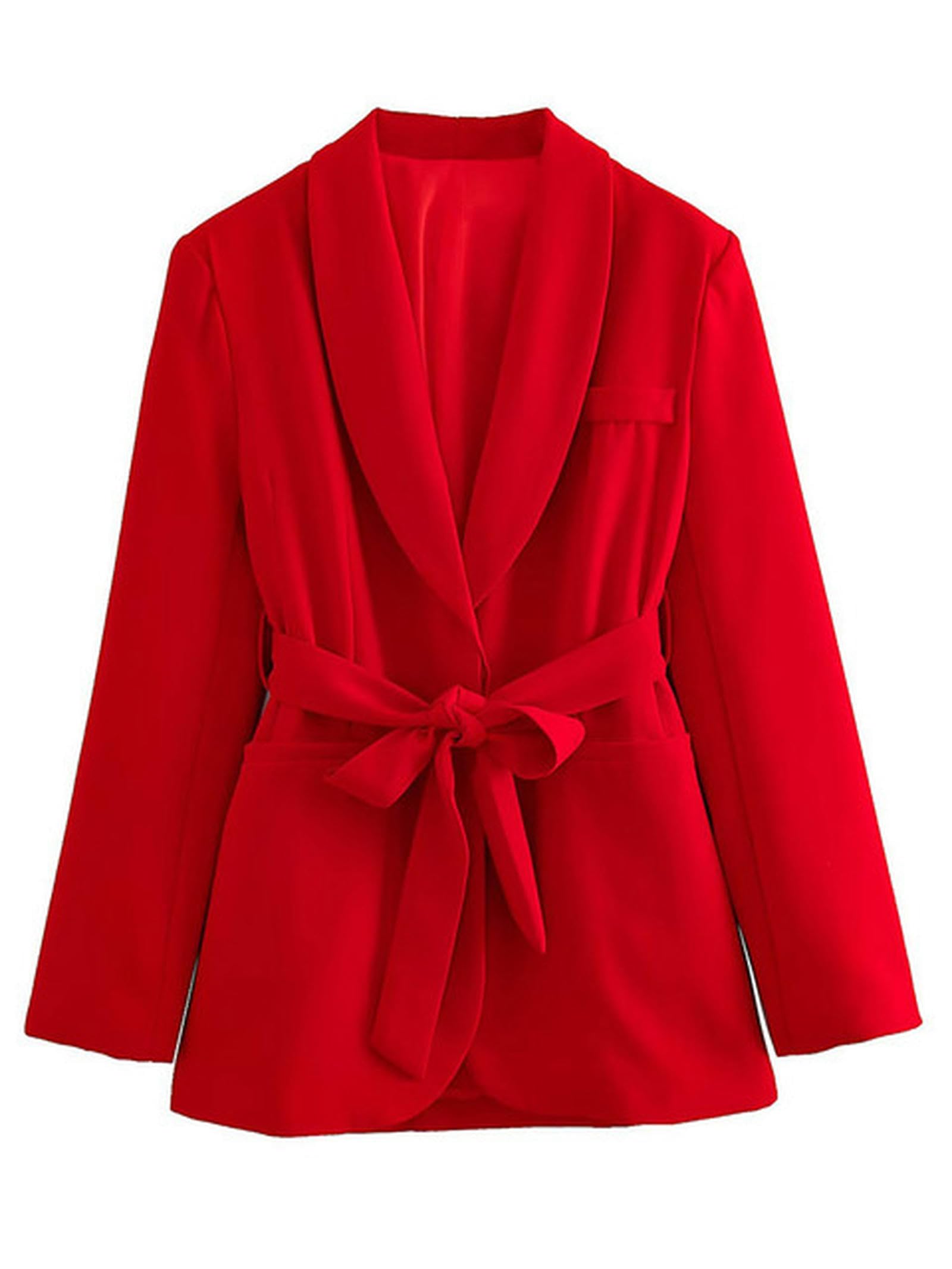 Conjunto de chaqueta y pantalones tipo blazer con lazo en V de otoño de 2 Conjunto elegante de pantalón y chaqueta con bolsillo de manga larga para mujer Conjunto de color sólido-Chaqueta roja TZ173-L