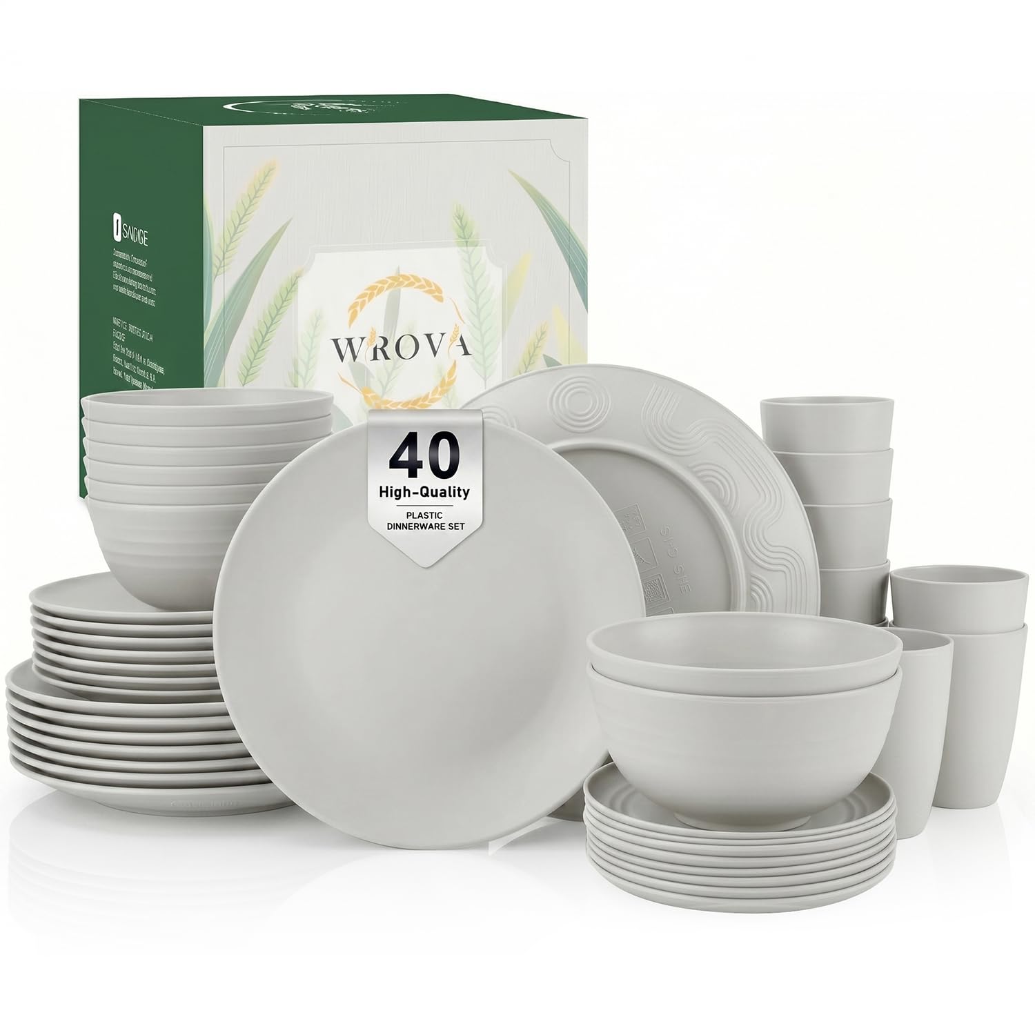 Wrova Reusable Dinner Sets 40 PCS - Unbreakable Plate and Bowls Sets | Service for 8 | Plastic Dish Sets Microwave Safe Dinner Plates, Cereal Bowls, Drinking Cups for Indoor & Outdoor - Light Grey