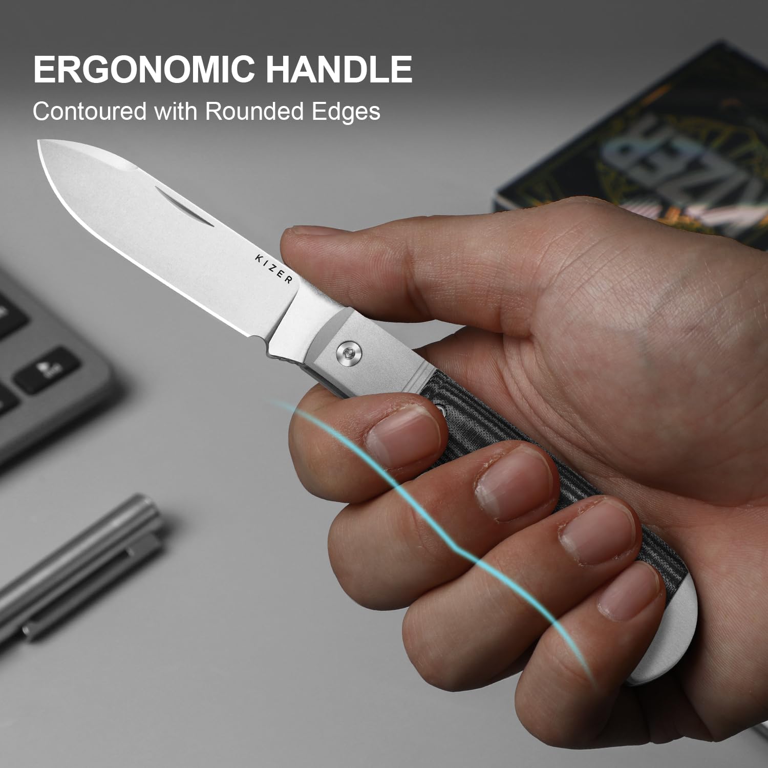 Kizer Trestle D Taschenmesser, 7,5 cm Nitro-V-Klinge und Silber-Aluminium mit Schwarz Norplex UltreX™ Micarta Griff, Kleines EDC Klappmesser, V3760A1