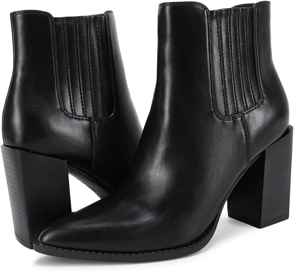 Womens Booties Pointed Toe Stacked Heel Fashion Chelsea Ankle Boots - Image 6