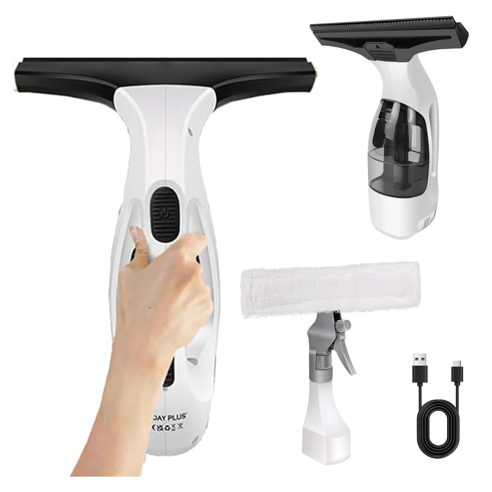 Cordless Window Vac Cleaner & Spray Bottle with Microfibre Cloth, 2000pa Powerful 3.8V Electric Window Vacuum Cleaner with Battery,150ml Water Tank, Window Cleaning Machine for Glass, Tiles, Mirrors