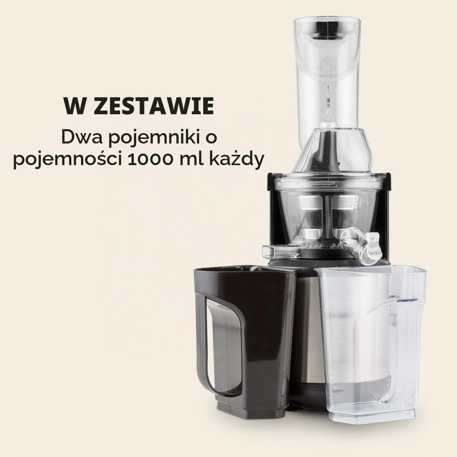Klarstein Fruitberry - Wyciskarka do soków, Pionowa wyciskarka, Bardzo drobne mikrosito ze stali, Slow Juicer, 400 W, 60 obr/min, Bez BPA, W zestawie dwa pojemniki, Otwór wsadowy 8,5cm, cicha, srebrna