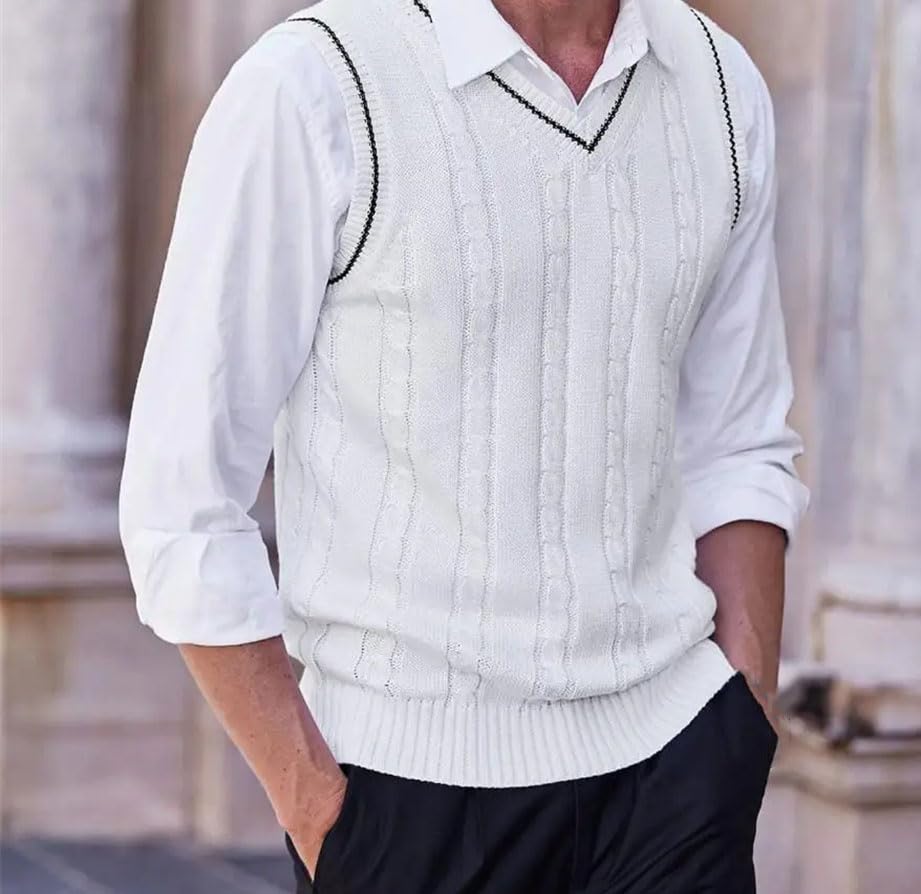 Mens Sweater Vest Color Blocking Design Slim Fit Knit Vest V Neck Preppy Style Sleeveless Pullover3