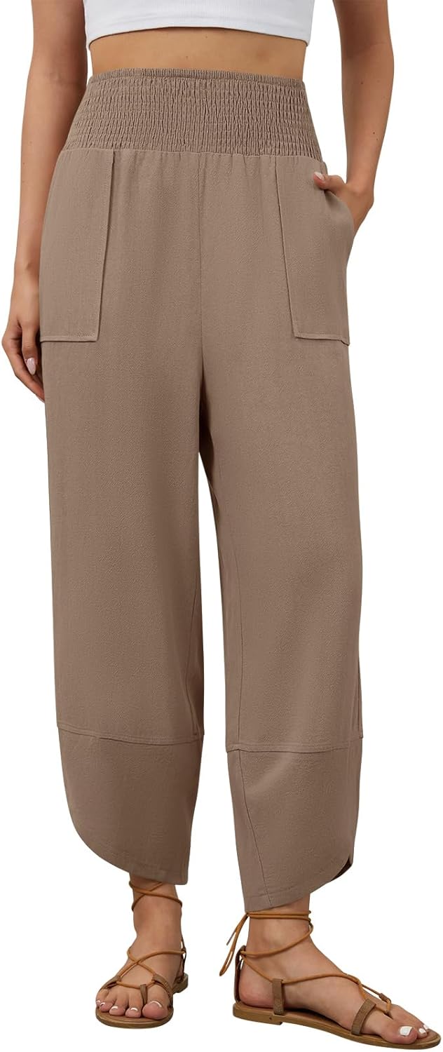 Womens Linen Pants Wide Leg Palazzo Capri Barrel Harem Pants Casual High Waisted Trousers with Pockets Beach - Image 2