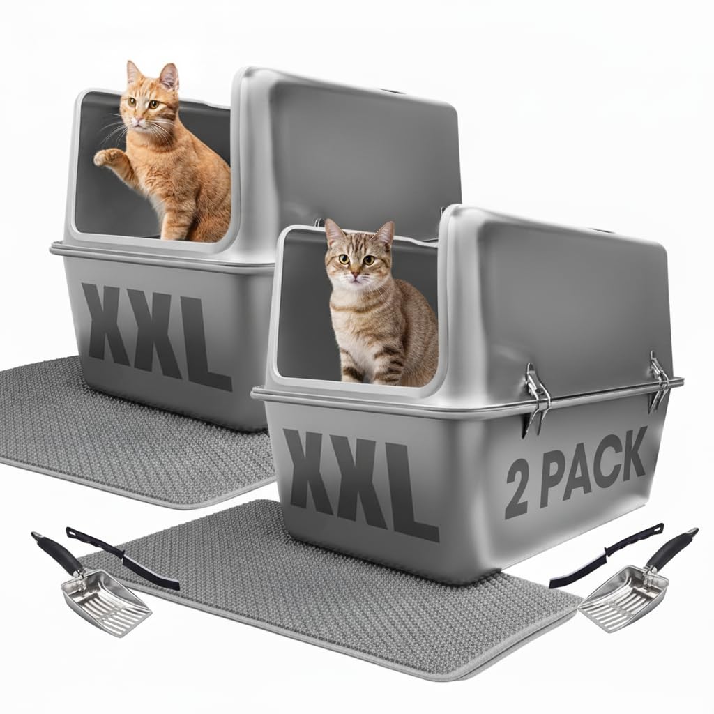 Confezione da 2 lettiere XXL in acciaio inox, 30 l, con pareti alte 40,6 cm, guarnizione a prova di perdite, antiaderente, paraspruzzi superiore, sistema di copertura rimovibile, grande tappetino per