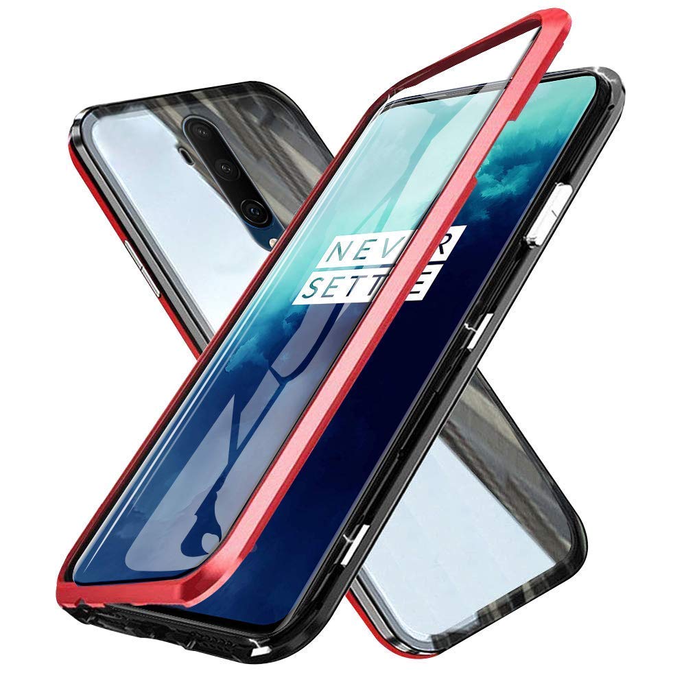 Taiyan for OnePlus 7T Pro Case Magnetic Adsorption Technology Cover Metal Bumper Frame with Front and Back 9H Transparent Tempered Glass Screen Protector 360 Degree Full Body Protection Flip Cover,Red