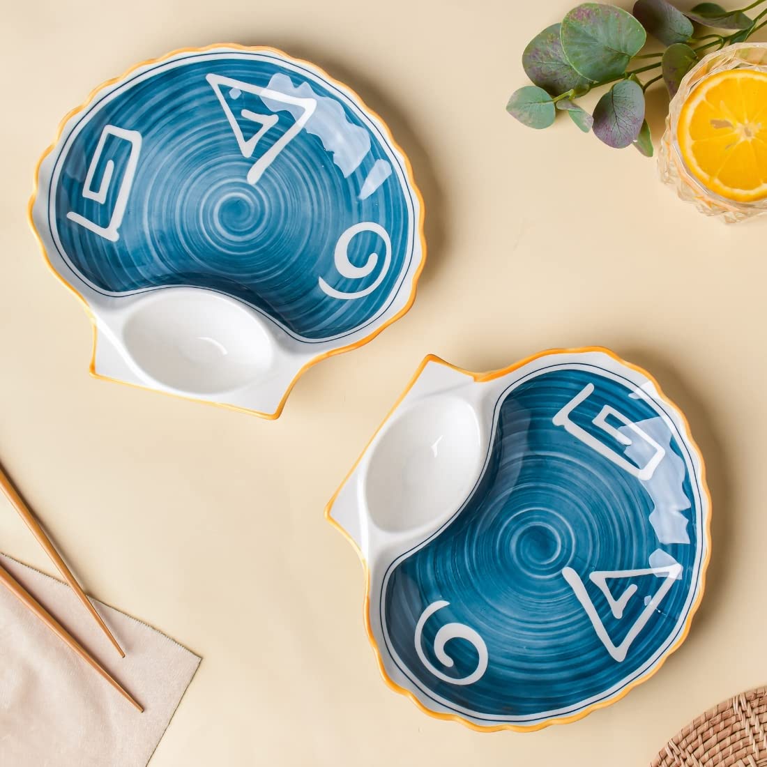 NestasiaWhite and Blue Set of 2 Nitori Ceramic Shell-Shaped Symbols Plate with Section for Momos, Fries, Kebabs and Snacks (8.6 Inch)