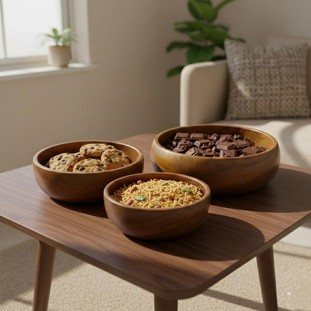 NATRIEL Stunning Wooden Bowl Set - Three Elegant Bowls for Serving and Display Bowl Serving Set
