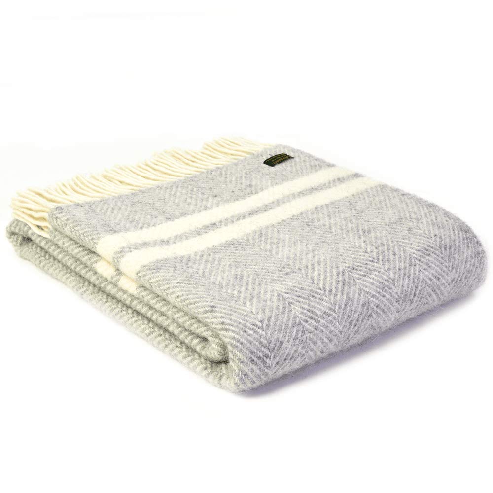 Tweedmill Silver/Grey/Cream Pure New Wool Fishbone 2 Stripe Throw