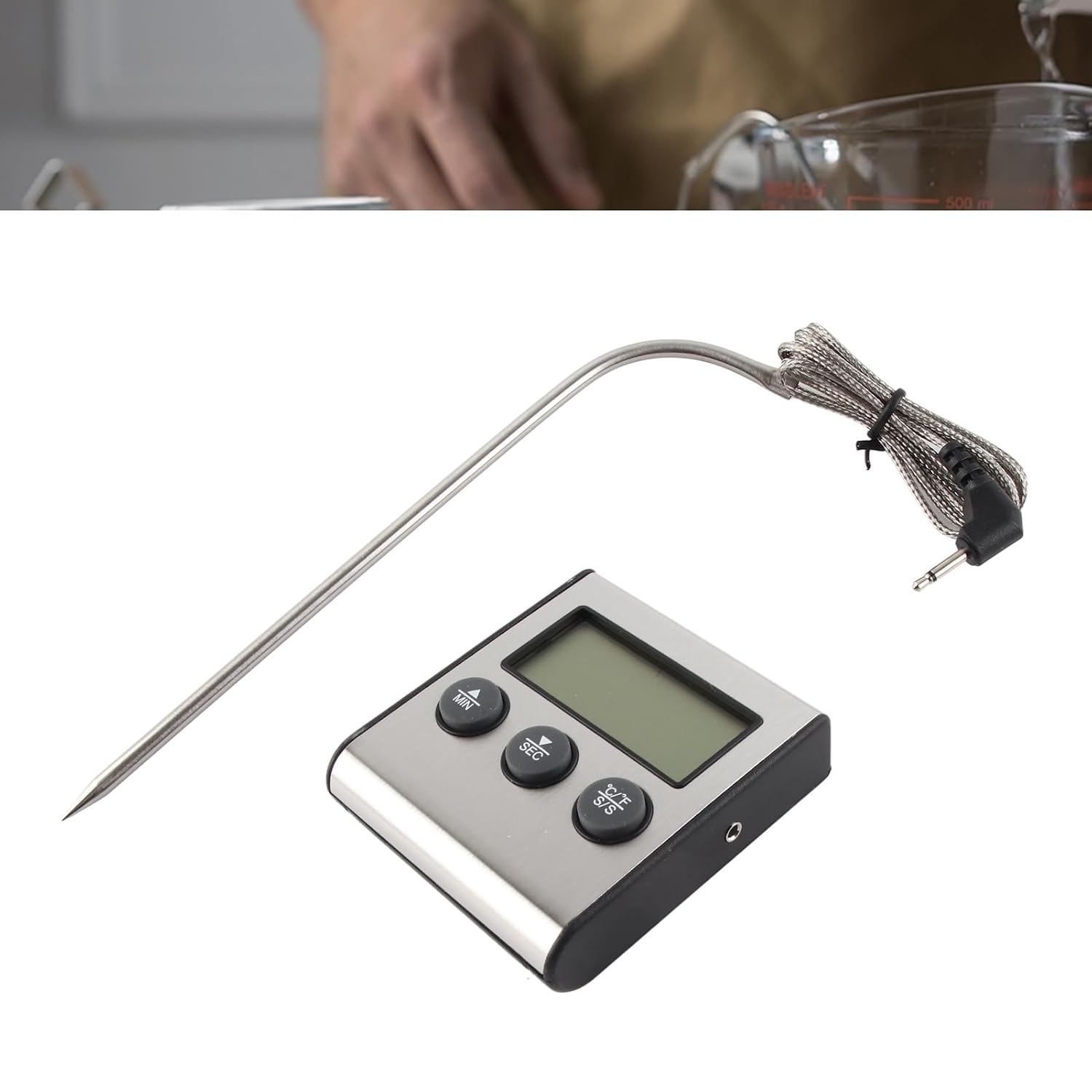 Yoidesu Digital Meat Thermometer with Probe, LCD Display Kitchen Thermometer for BBQ Grill Cooking, Read Timer and Alarm, 5 Seconds Measurement Cycle, -50°C to 300°C, CF