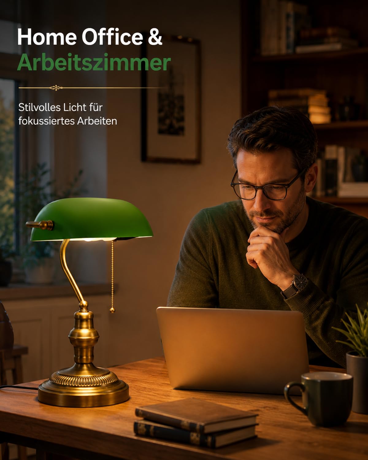 LANMOU Bankerlampe Grün mit Glasschirm, E27 und Zugschalter | Messing-Finish, Schreibtischlampe Retro mit verstellbarer Schirm, für Homeoffice, Lesen & Arbeitszimmer, Wohnzimmer Dekor