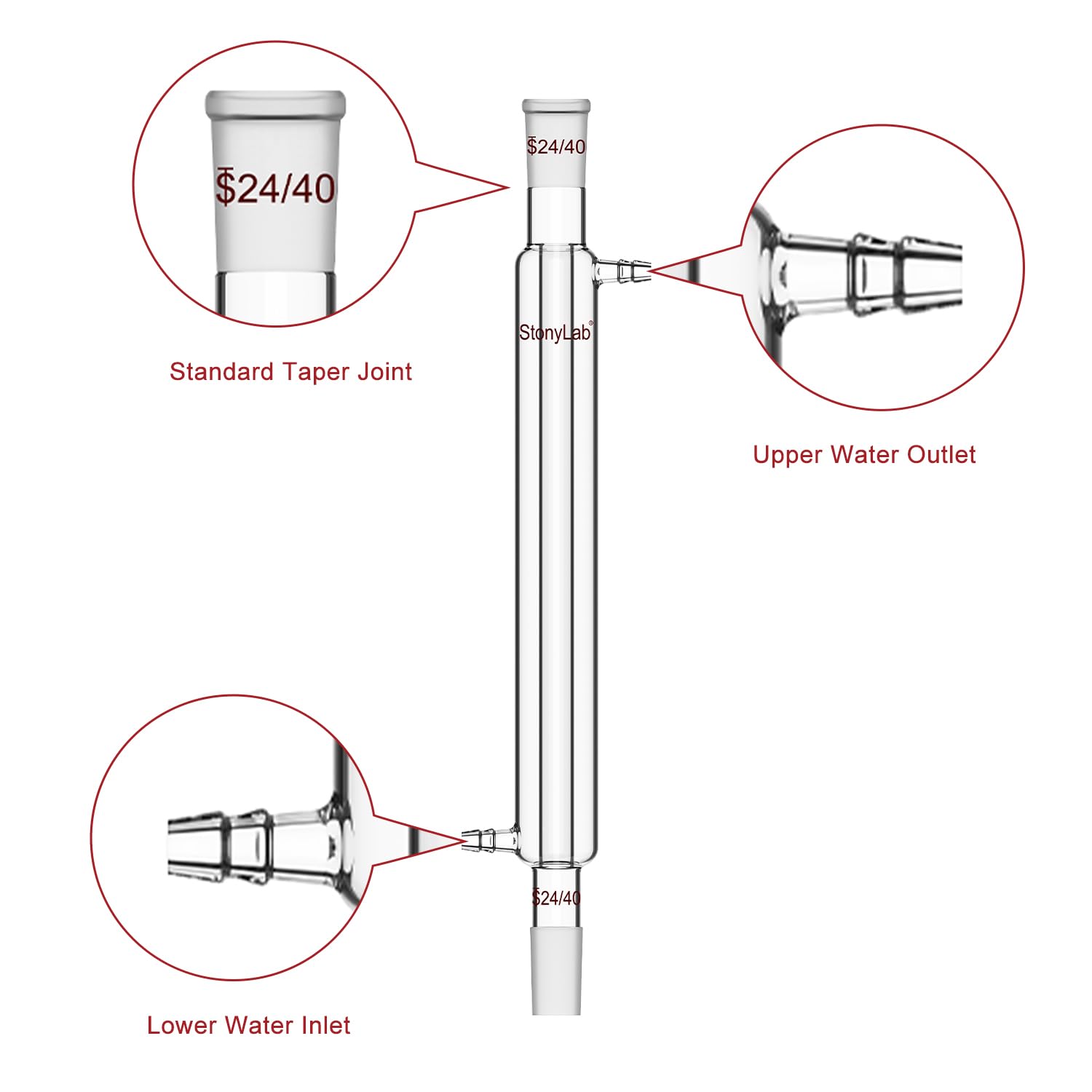 stonylab Liebig Condensatore, Vetro Borosilicato Liebig Condensatore con Giunto 24/40, Lunghezza Giacca 300 mm, Laboratorio Condensazione Distillazione Vetreria