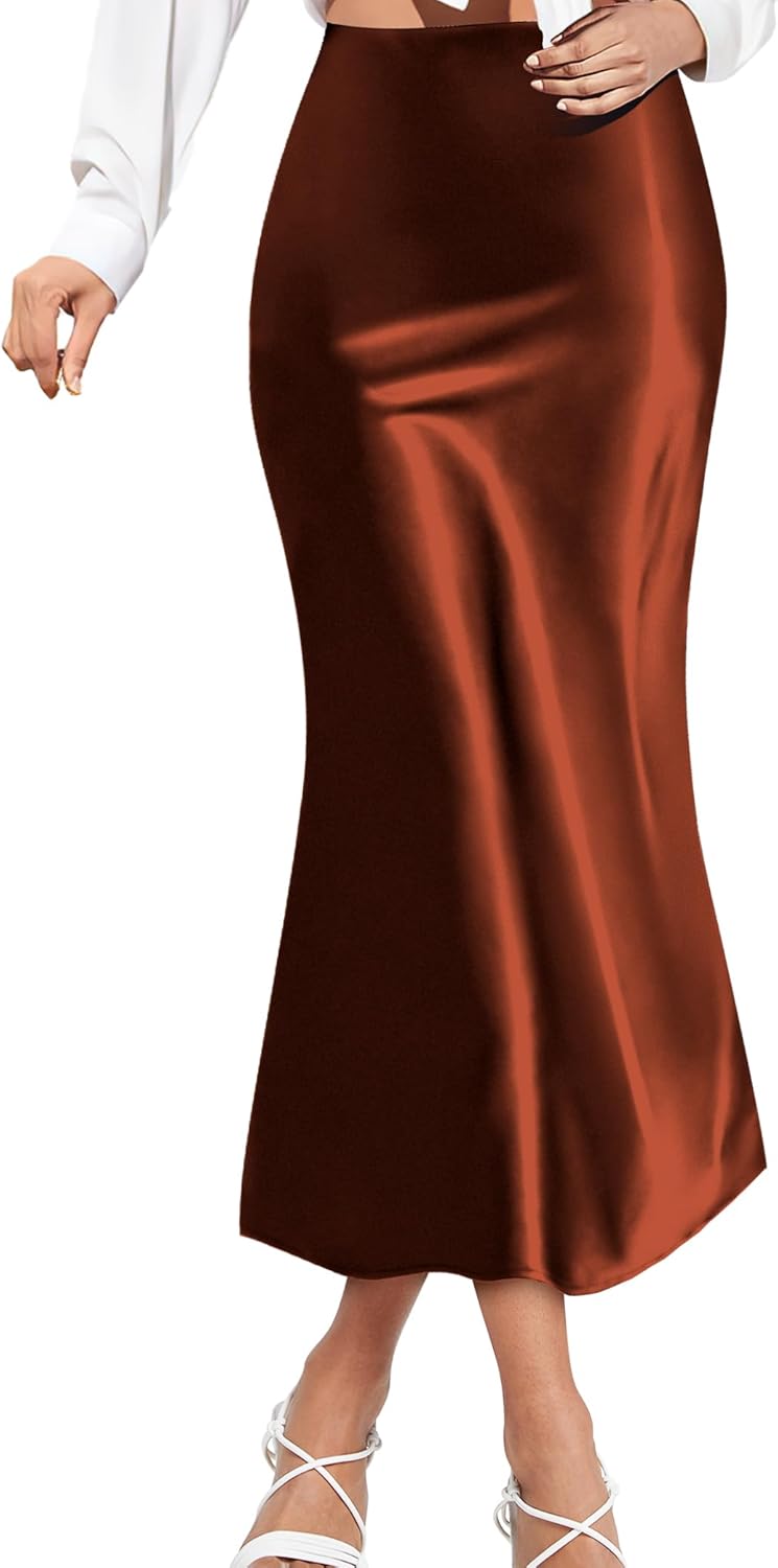 Women's Midi Satin Skirts, High Waisted Zipper Silk Elastic Long Skirt for Women Elegant Trendy