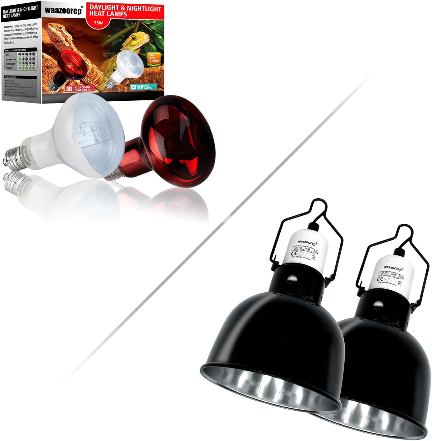 UVA Reptile Heat Lamp Combo 75W 2 Pack and 5.5inch Reptile Light Fixture 2 Pack