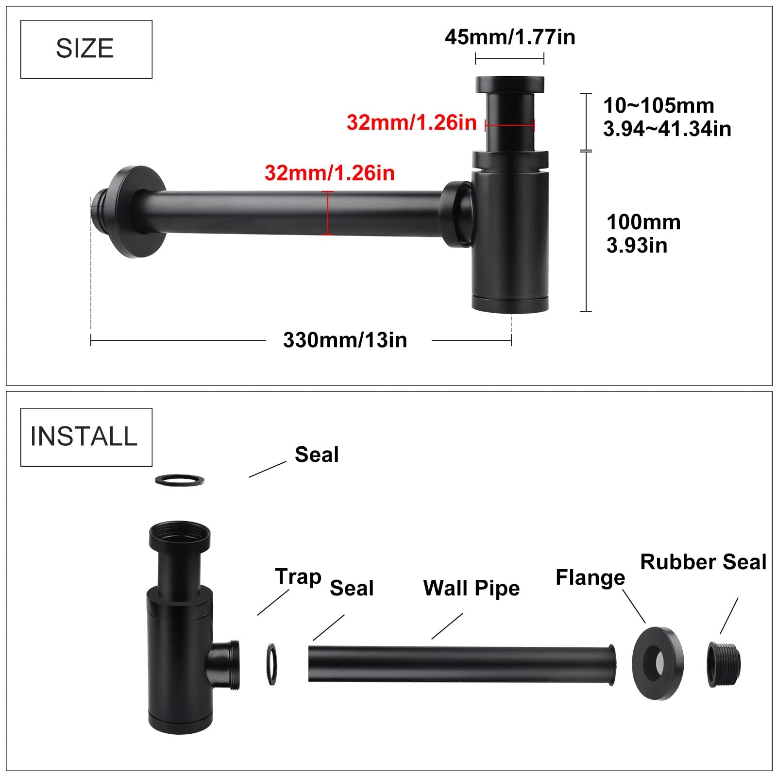 EXLECO Siphon de Lavabo Noir Universel Tube Siphon de Lavabo Siphon en Acier Inoxydable 1 1/4 x 32mm Salle de Bain Siphon Évier Métal Siphon à Tube Siphon à Tube Syphon Lavabo Reglable Anti Odeur