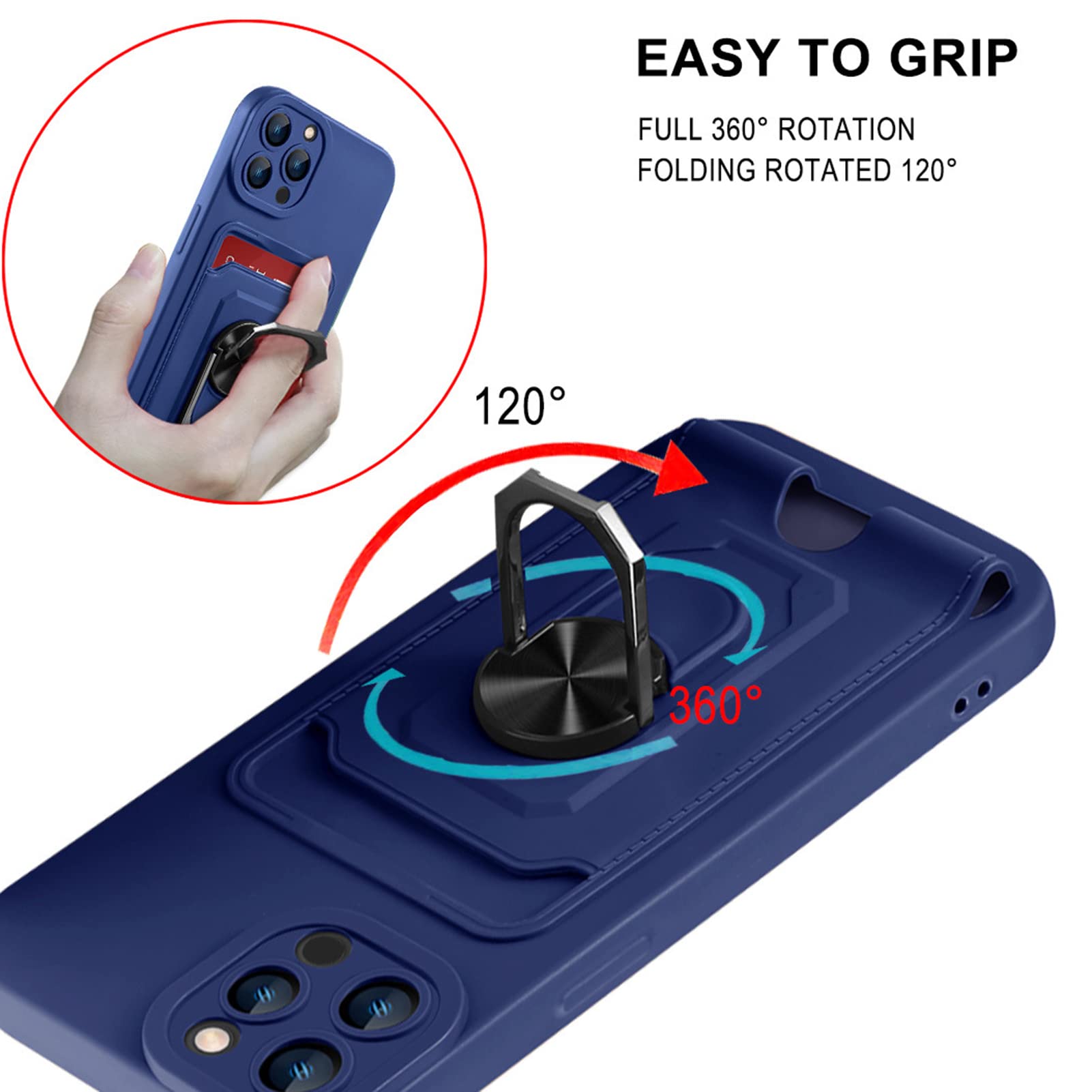 Cover per iPhone 14/14 Pro/14 Plus/14 Pro Max,Sottile Custodia, Protezione Lenti,PC E Silicone,Magnetico Anello Slot Per Schede Con Cordino,Per Ricarica Wireless,Blu,14 pro 6.1''