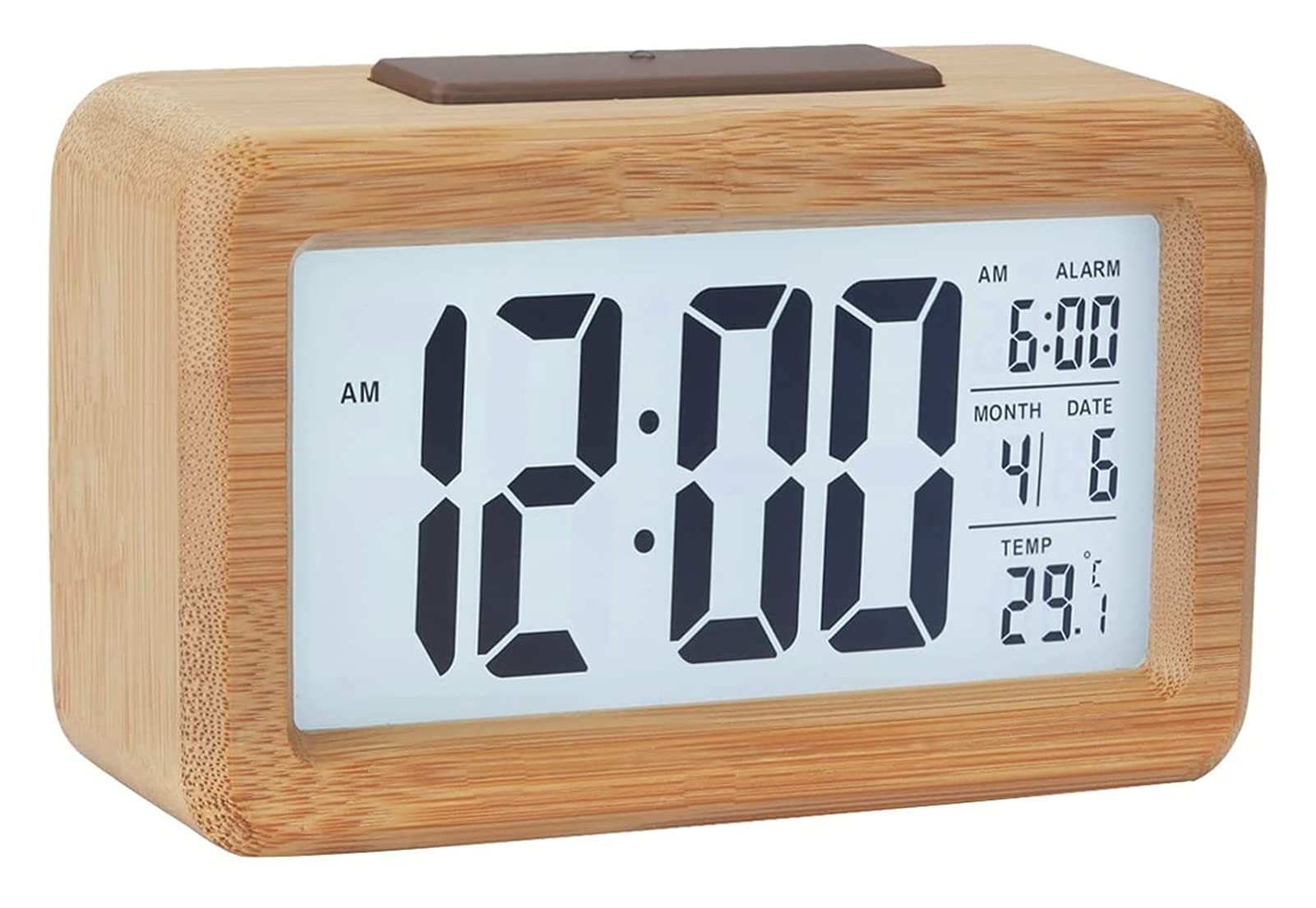 WTL Despertador Reloj de alarma digital de madera, grande DIRIGIÓ Mostrar reloj de alarma de grano de madera, sensor inteligente Luz de noche, snooze y temperatura, Operado por batería, Reloj desperta