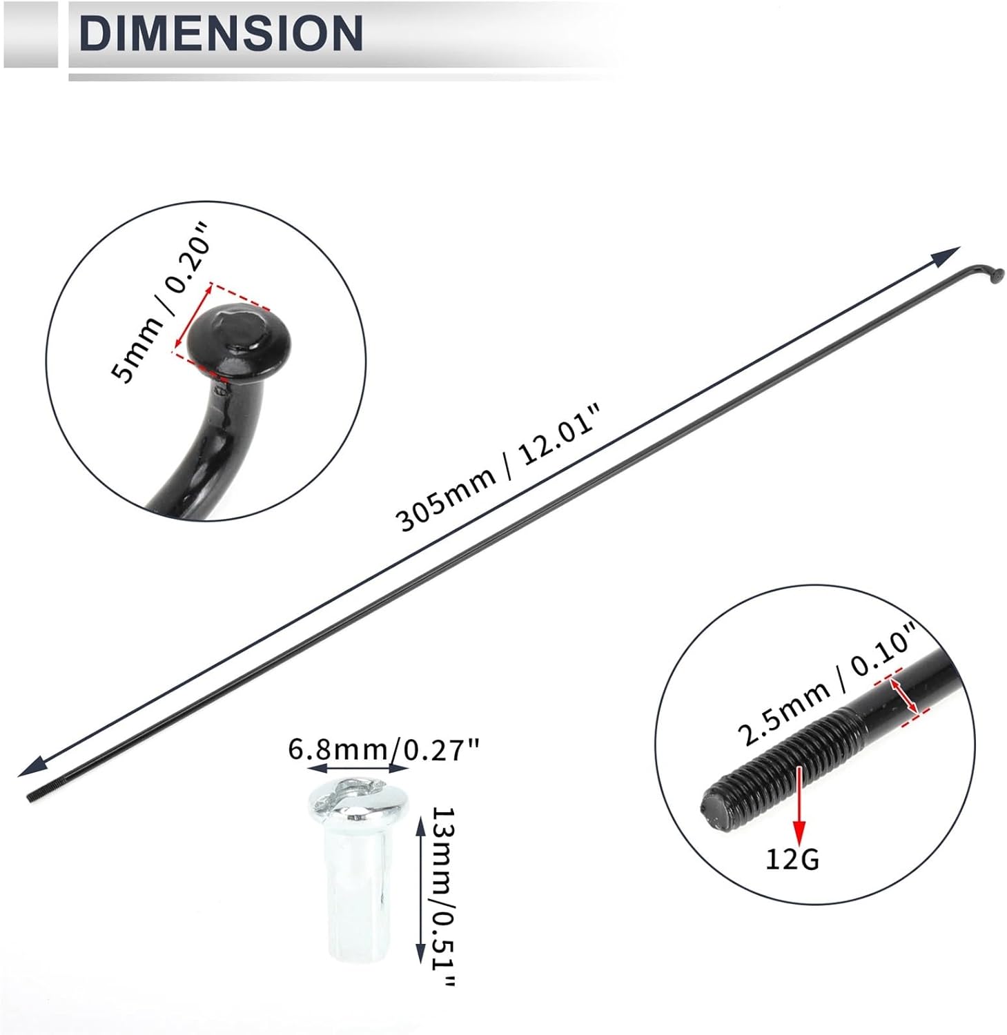Spoke Nipples 36Pcs Bicycle Spoke Kit 12G 148mm 154mm 163mm 173mm-305mm Length Bike Wheel Spoke with Nipples Carbon Stee for Dia Mountain Road Bike