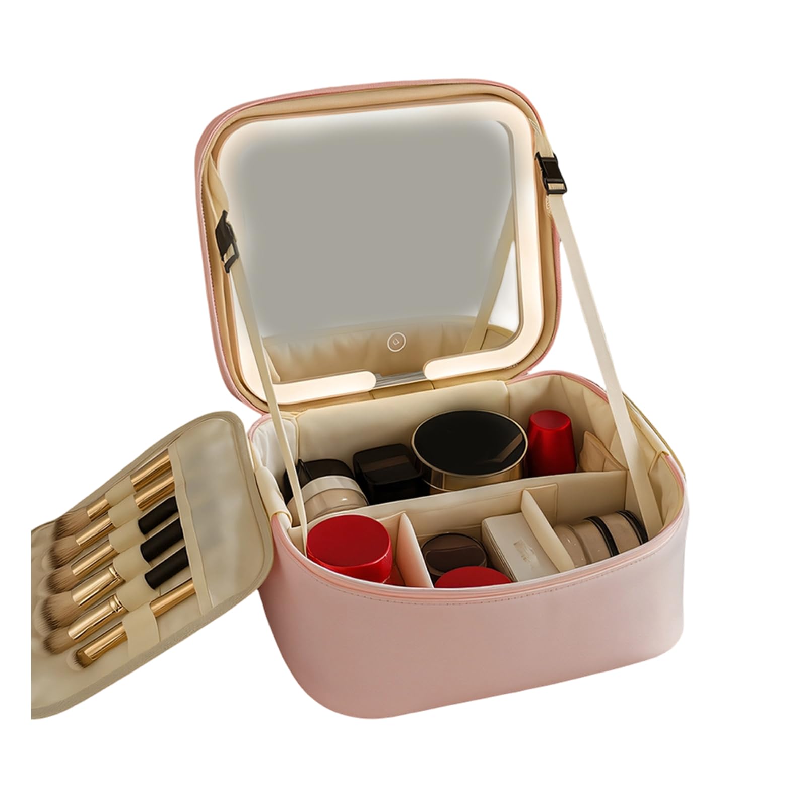 Custodia per cosmetici da viaggio in PU con portaspazzole staccabile e spazio archiviazione a specchio a tutta lunghezza, organizza per la borsa da viaggio per trucco da campeggio in palestra
