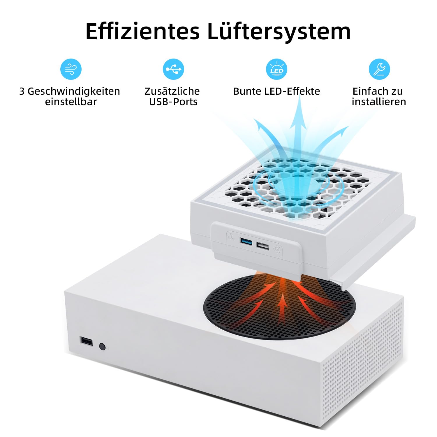 Mcbazel Lüfter für Xbox Series S, RGB LED Display, Low Noise, 2 Extra USB Ports, 3 Stufen Einstellbare Geschwindigkeit Externer Kühler Lüfter nur für Xbox Series S Konsole