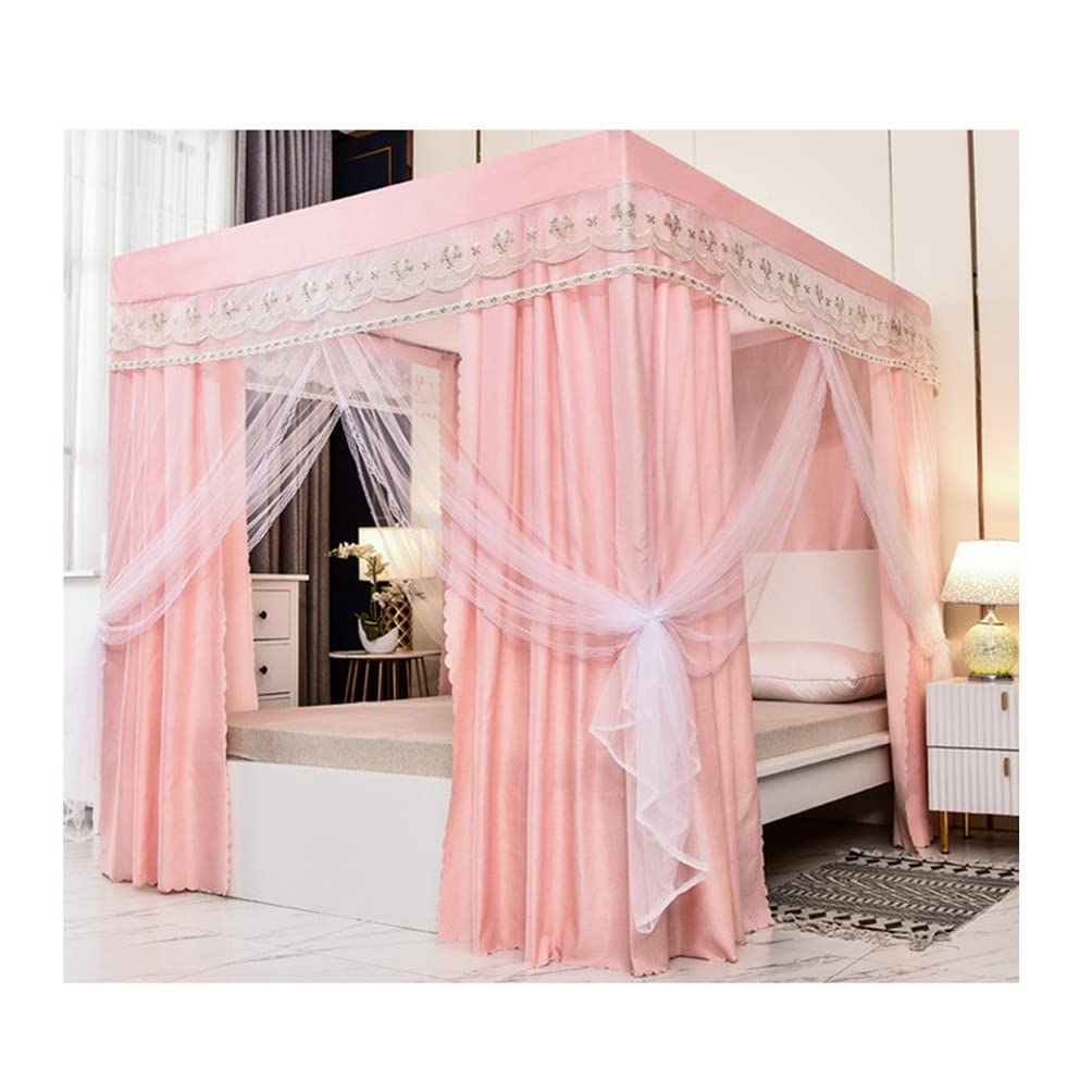 GJMSSMY 4 Corner Post Bed Canopy, Dustproof Blackout Curtain Mosquito Net Set With Stand For 1.2-2M Bed Decoration (Color : Pink-1, Size : 180X200cm/71X79in)