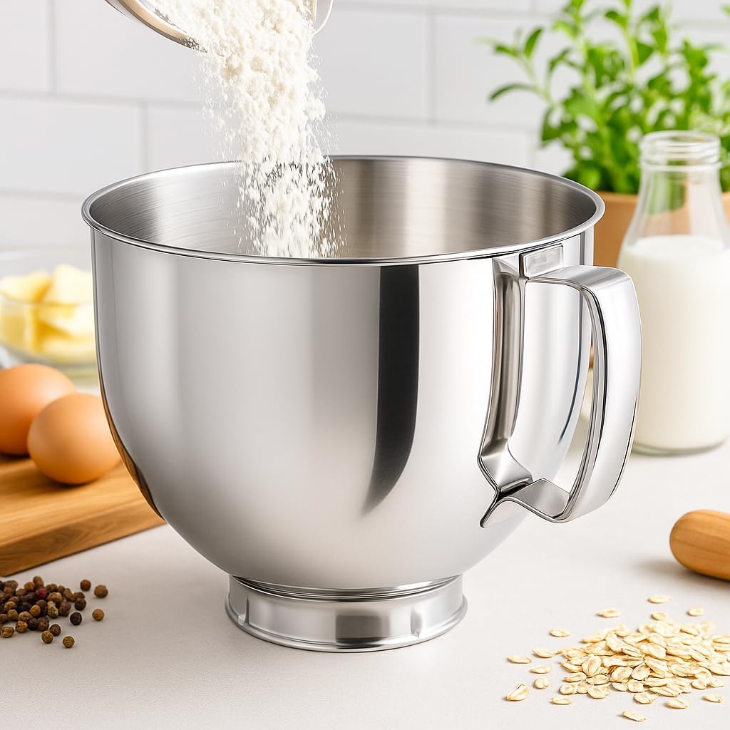 5 Qt 18/8 Stainless Steel Mixer Bowl with Handle Compatible with KitchenAid 4.5–5 Qt Artisan & Classic Series Tilt-Head Stand Mixers, Dishwasher Safe Polished