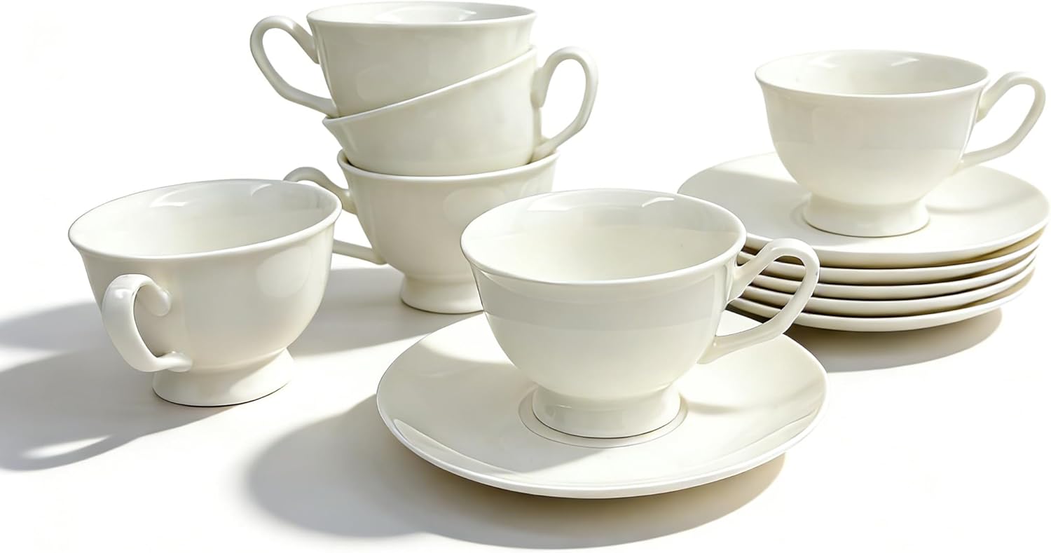 2.5 oz Fine Bone China Espresso Cups Set of 6 with Saucers, Lightweight Translucent Demitasse Cups for Turkish Coffee, Elegant White Ceramic Espresso Shot Cups & Saucers - White