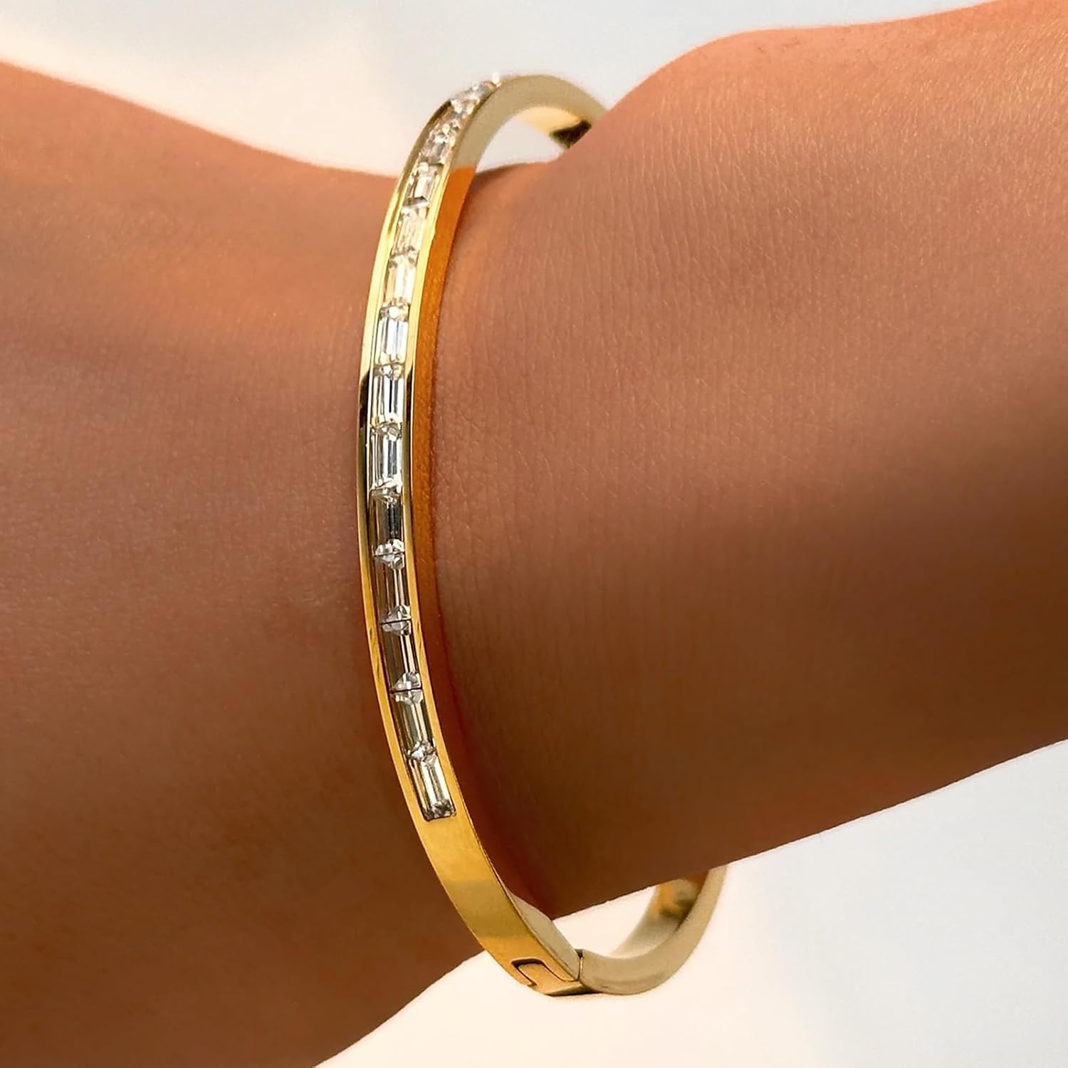 18K Gold Plated Rings Bracelets for Women Trendy Bracelet with Ring Jewelry Set Oval Bangle Simple Cubic Zirconia Stones Bangle Cuff and Rings Jewelry Gift for Women - Image 6