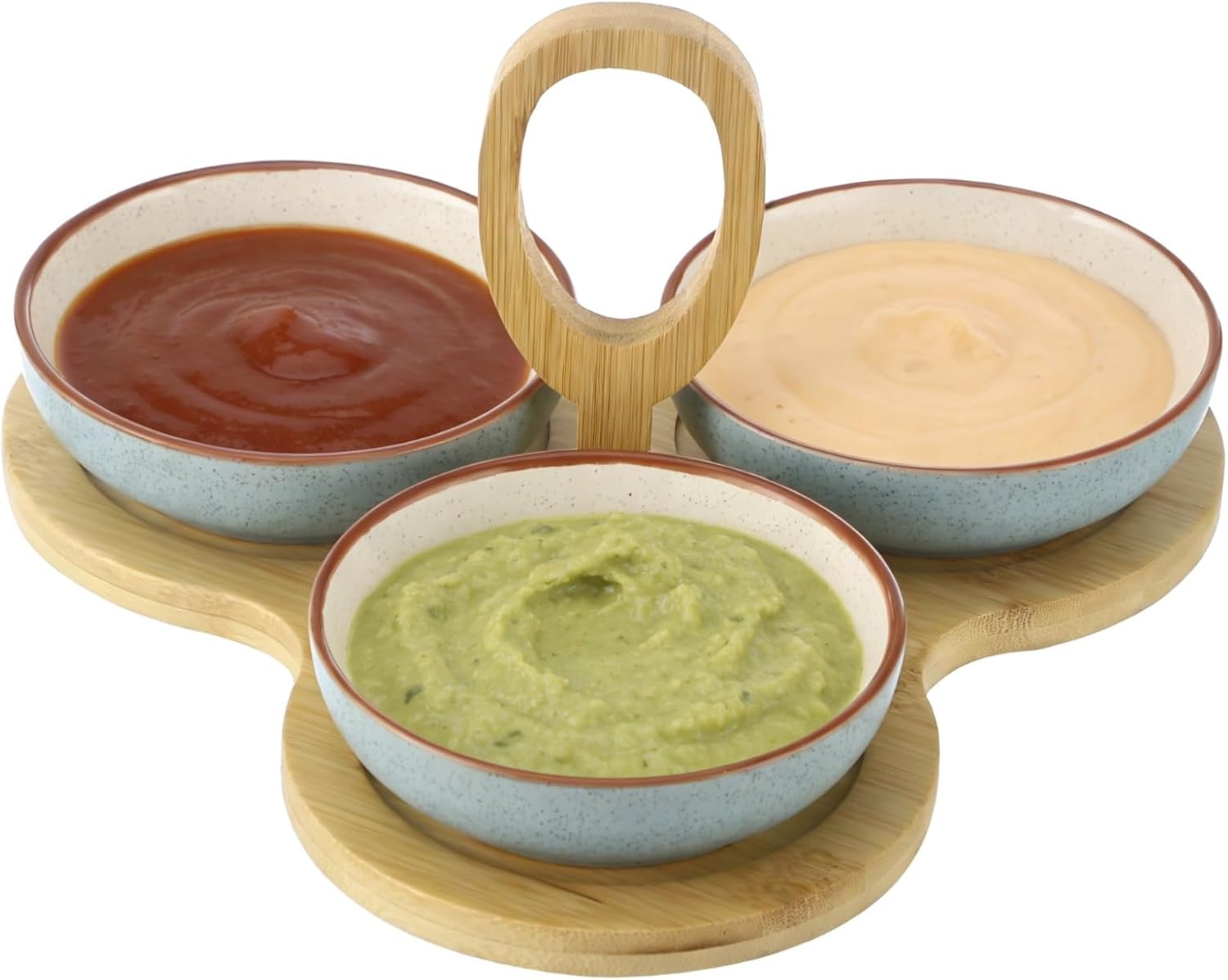 Chip and Dip Serving Set with Wood Tray - 3 Ceramic Bowls for Salsa, Dips, Snacks - Perfect for Parties & Buffets (10 x 0.5 in Tray, 6 oz Bowls)